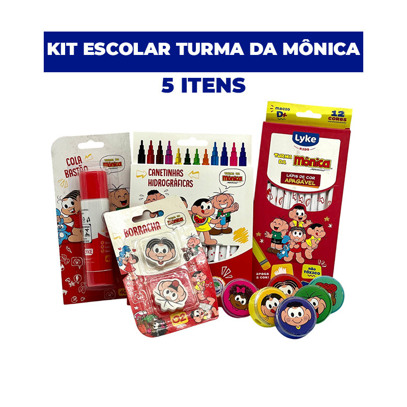 Kit Escolar Turma da Mônica Lyke | Lápis de Cor Apagável, Cola Bastão, Apontador e Borracha