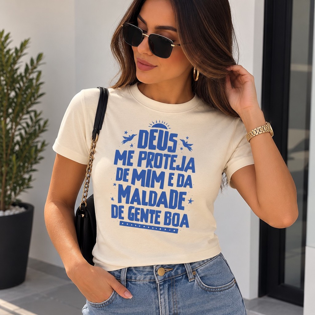 Camiseta Feminina Deus Me Proteja 100% Algodão Estampa Fé Foco Cristã Casual Confortável Estilosa