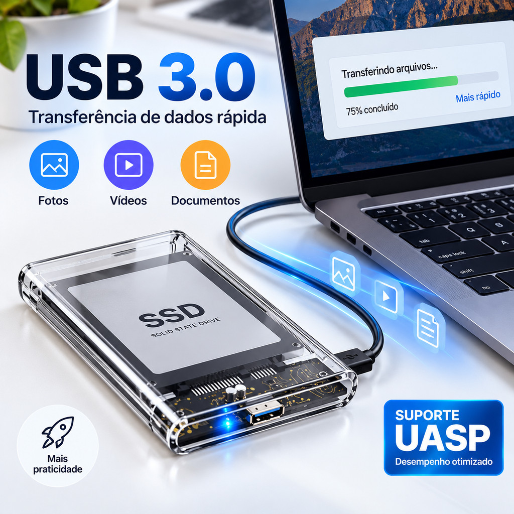 Case Externo USB 3.0 HD SSD 2.5 SATA Transparente UASP Até 2TB