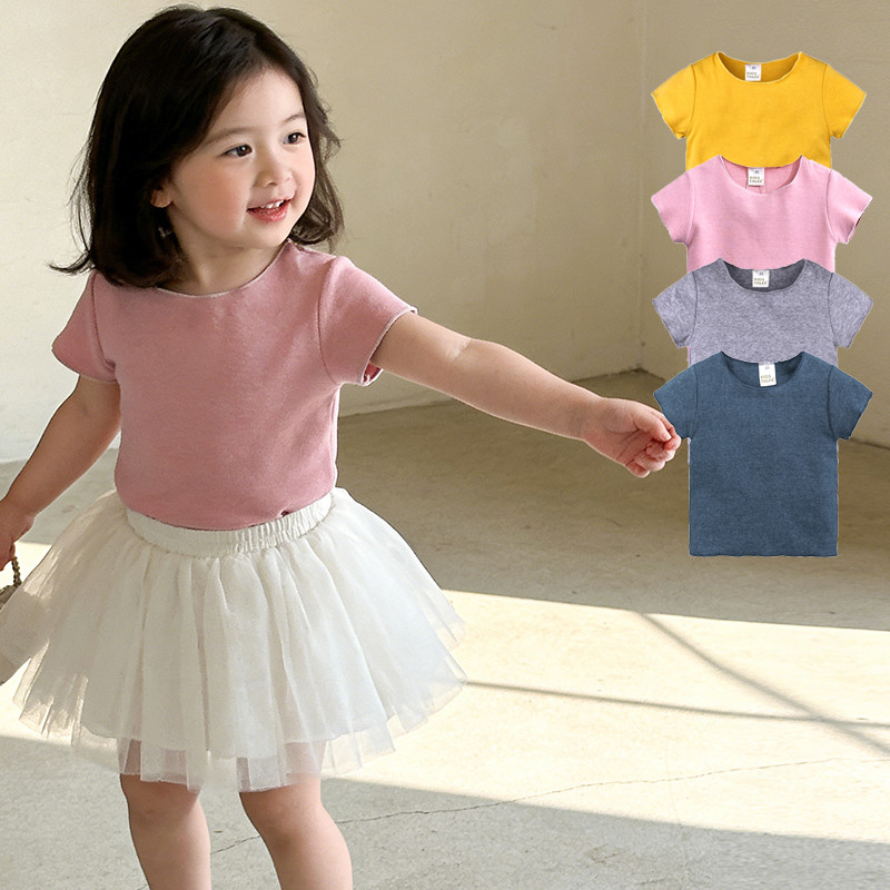 Meninas verão camisetas de manga curta médio pequeno crianças cor sólida topos feminino algodão meia manga camisetas cam