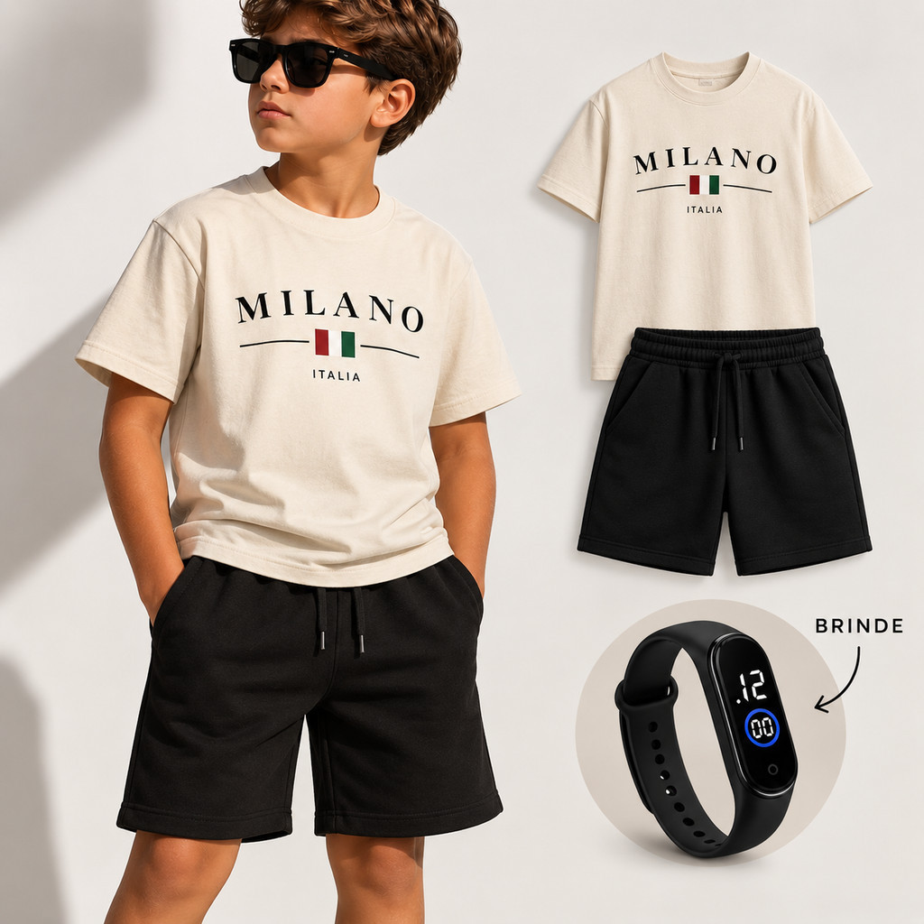 Conjunto Menino Infantil Camiseta Milano + Short Bermuda Moletom Casual Confortável + Relógio Digital Brinde