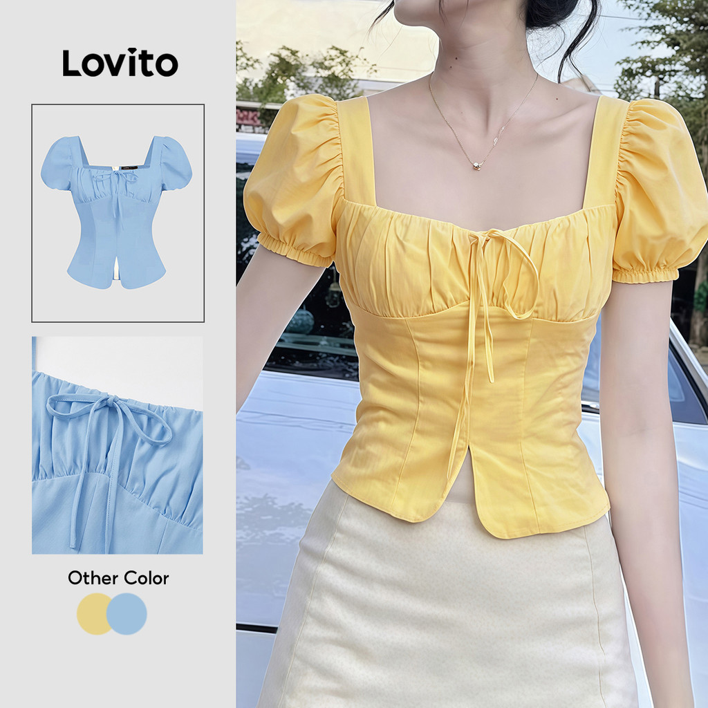 Lovito Casual Blusa Estrutura Linha Amarrar Pregas Primavera/Verão Corset Blusa Amarela Para Mulheres Bordado LK4ED1330