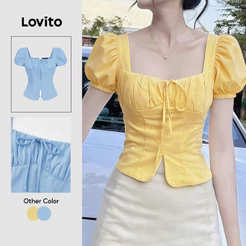 Lovito Casual Blusa Estrutura Linha Amarrar Pregas Primavera/Verão Corset Blusa Amarela Para Mulheres Bordado LK4ED1330