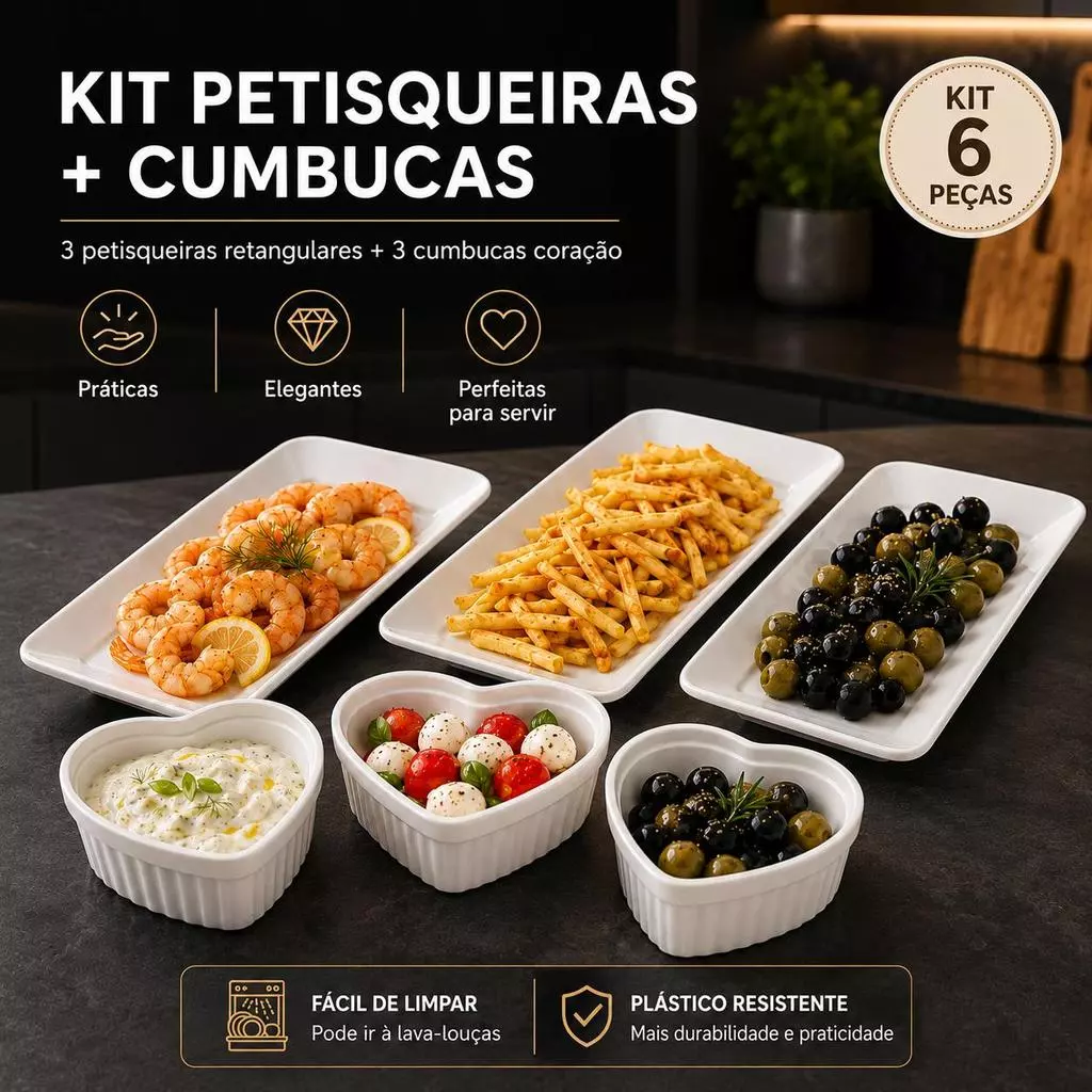 Kit Petisqueira 3un + 3un Cumbuca coração plástico resistente Cor Branco — imagem 1