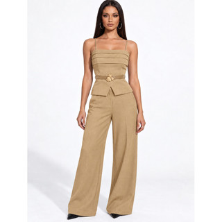 Conjunto Feminino de Colete e Calça Pantalona com Elástico nas Costas Acompanha cinto
