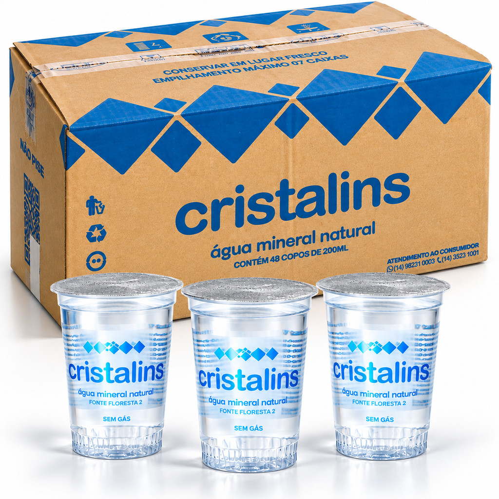 Caixa 48 Copos Água Mineral Natural Sem Gás 200 ml Cristalins para Reunião Evento Corrida Festas