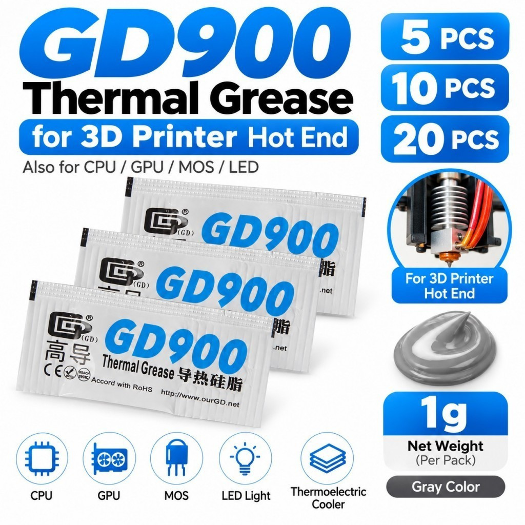 Pasta Térmica GD900 1g 5/10/20un. Graxa Condutiva de Calor para Hotend de Impressora 3D, CPU e GPU
