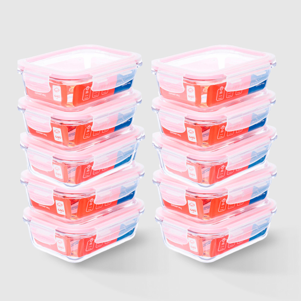 Kit com 10 Potes de Vidro Herméticos Retangulares 640ml Marmita Ideal Invicta