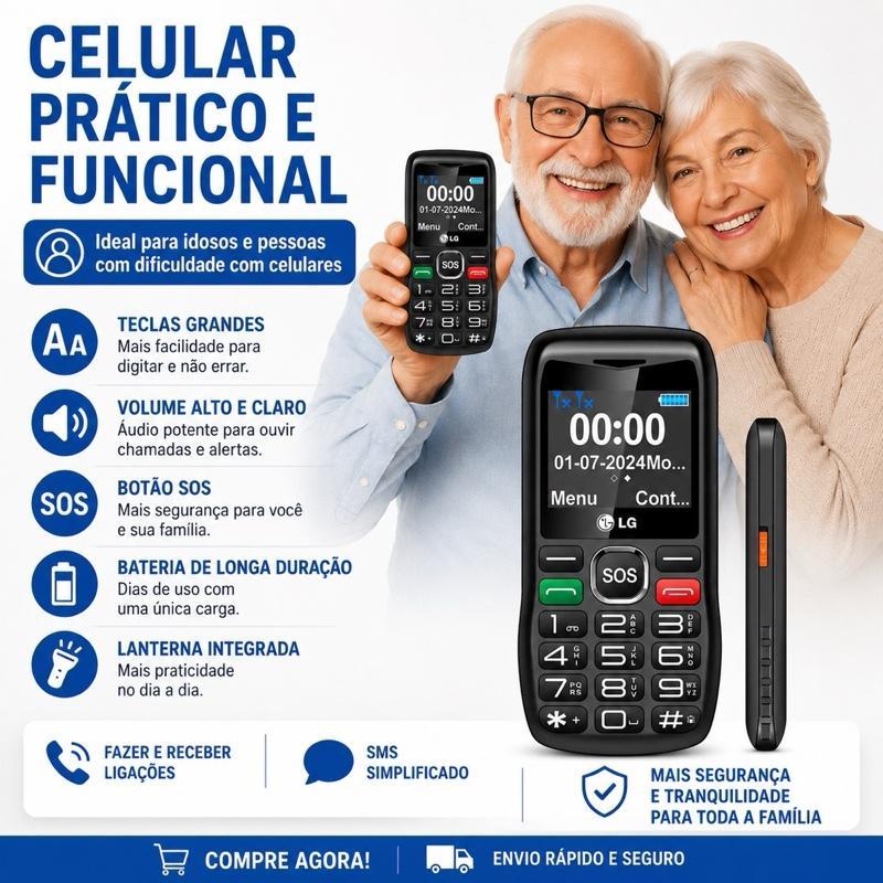LG Celular Prático e Funcional para Idosos com Teclas Grandes Volume Alto Bateria de Longa Duração e Lanterna Integrada