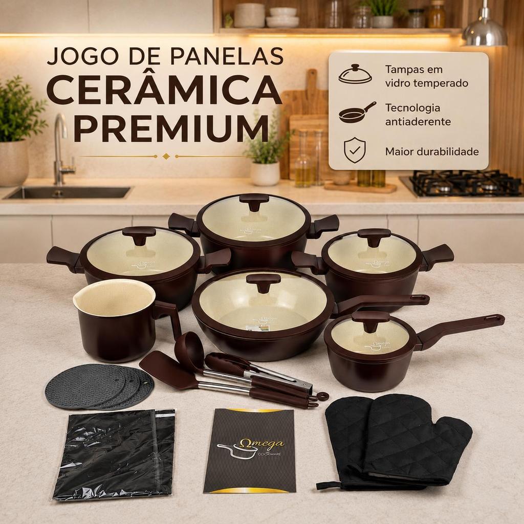Jogo De Panela Cerâmica Premium 20 Pçs - Antiaderente Marrom Marrom-escuro