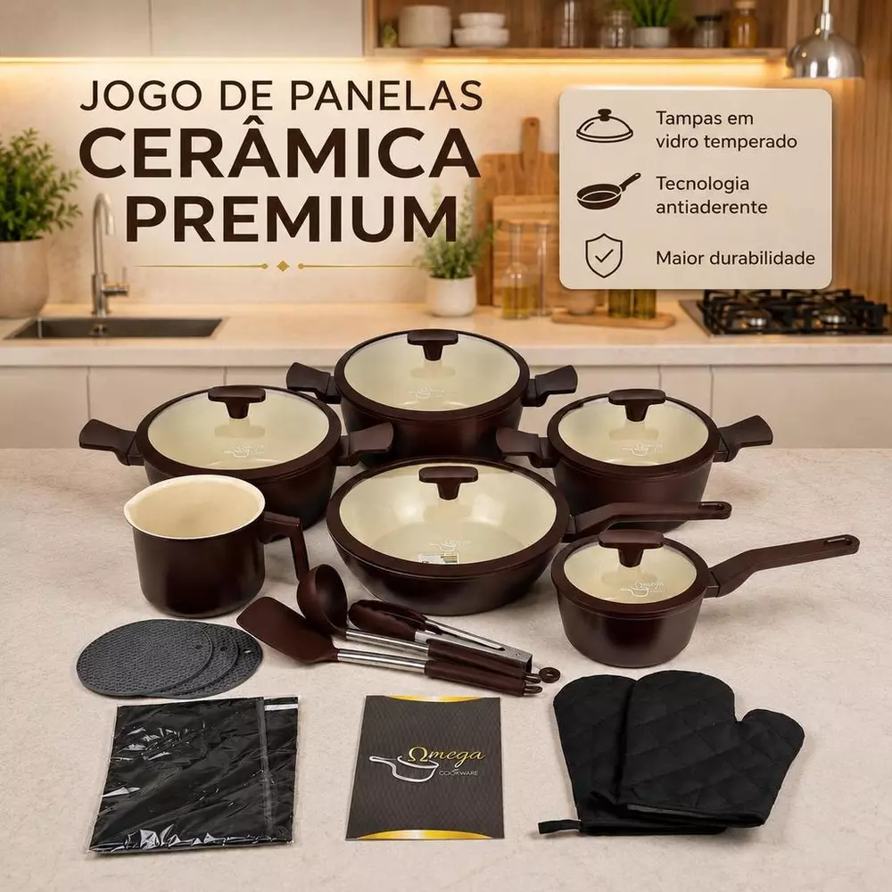 Jogo De Panela Cerâmica Premium 20 Pçs - Antiaderente Marrom Marrom-escuro