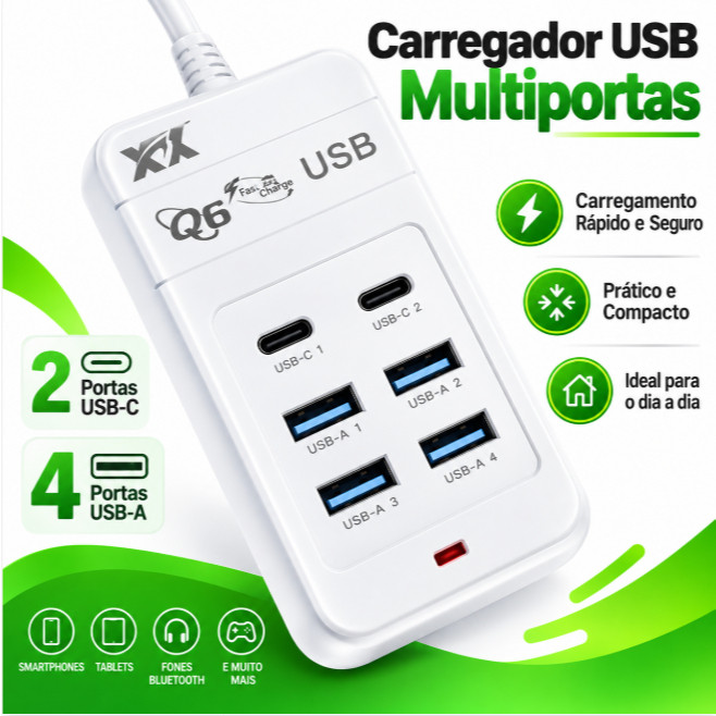 Carregador USB Multiportas Q6 6 Portas 4 USB-A 2 USB-C Carga Rápida para Celular Tablet Fone Smartwatch