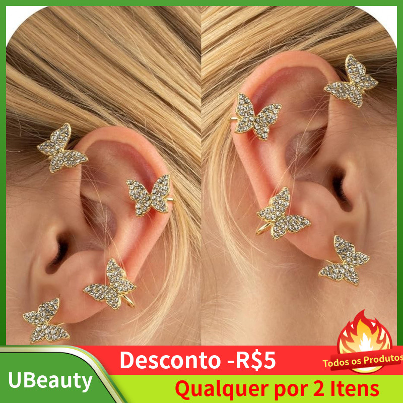 Brincos de borboleta para mulheres, design de fada, para orelha esquerda e direita, não requerem furo, clipe de orelha d