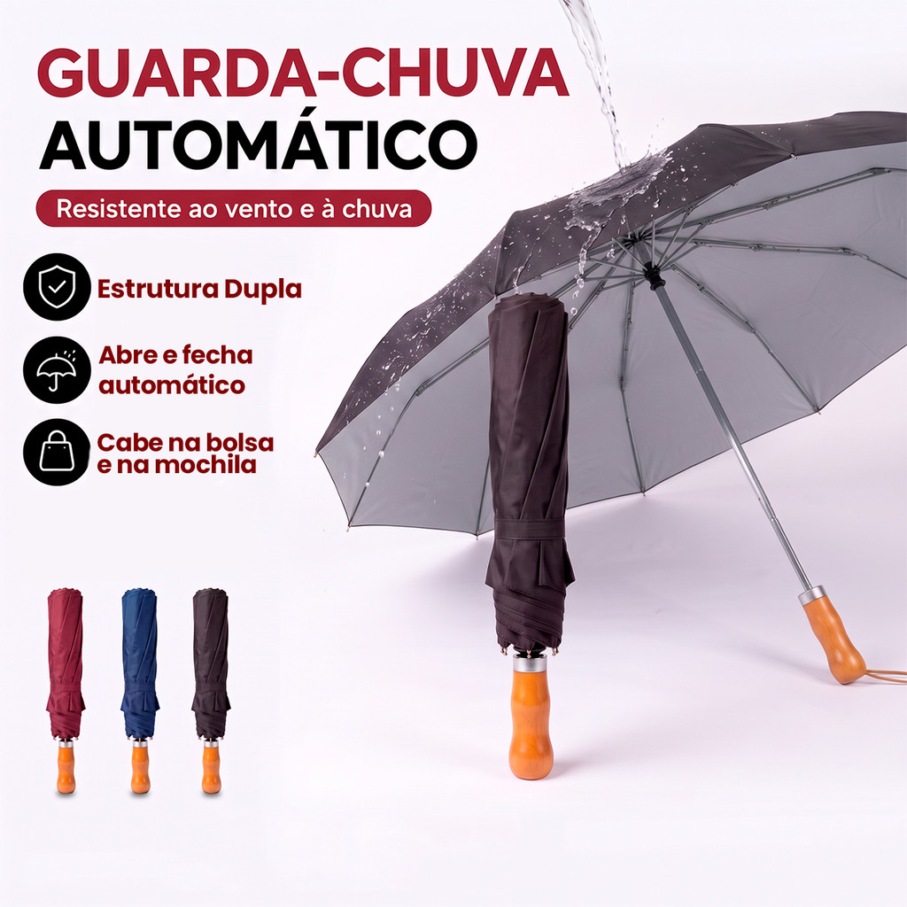 Guarda Chuva Automático Grande Dobrável Cabo De Madeira Sombrinha Masculino Feminino Com Capa