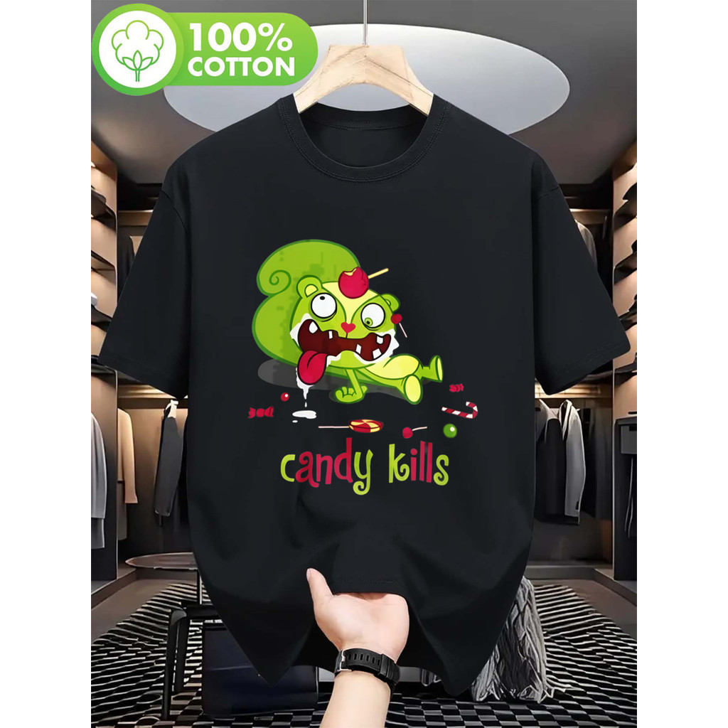 [Camiseta Premium em Algodão Puro]AYA Camiseta Unissex Happy Tree Friends Nutty Candy Lollipop Personagens TV Estampada 
