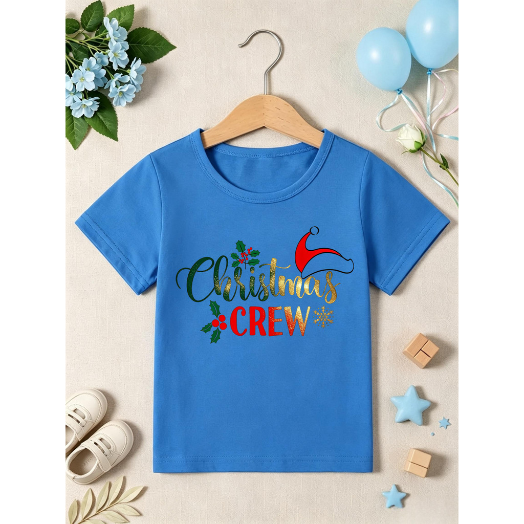 Natal Tripulação Papai Noel Chapéu Floco De Neve Impresso Camiseta Meninas/Meninos Engraçado Crianças Roupas