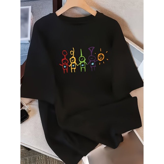 Camiseta Estampa Personagens Coloridos Arco Íris Mãos Dadas Sol Sorridente Confortável Linda Divertida Moderna Casual