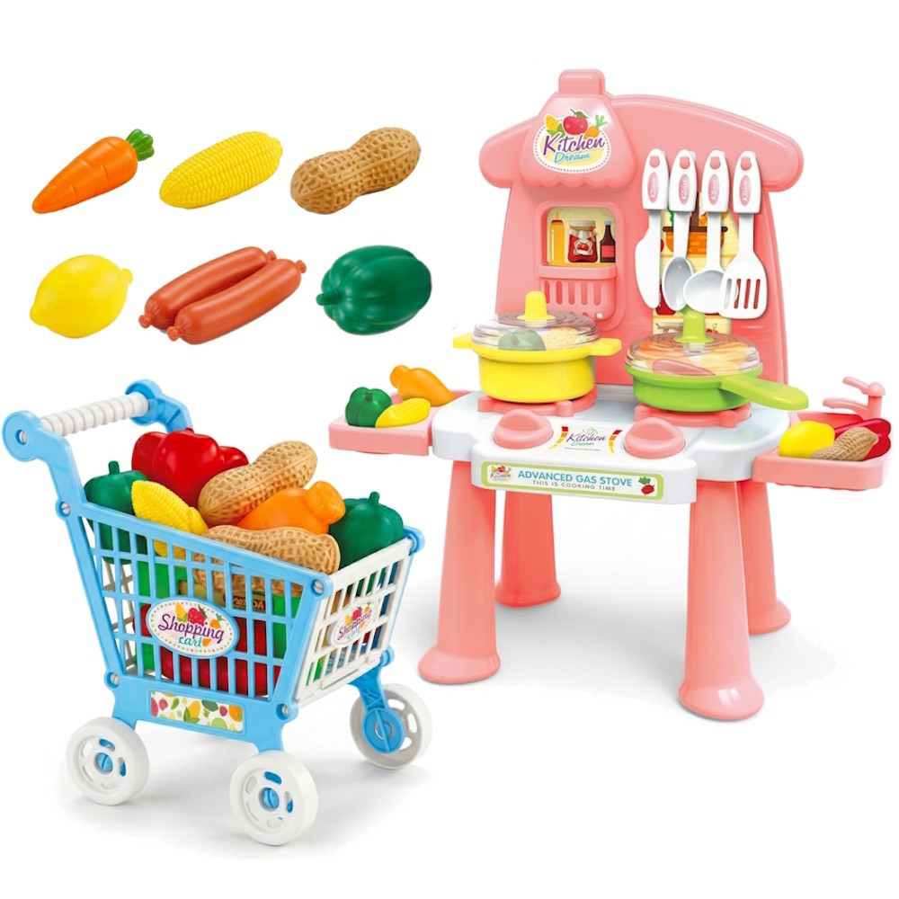 Cozinha Infantil Completa Com Acessórios Panelas Comidinhas e Carrinho de Compras
