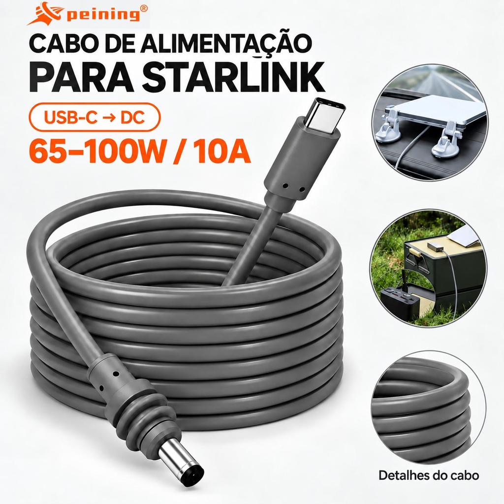 Cabo Carregador para Starlink Mini USB-C para DC 100W Turbo 3/5/10m Compatível À Prova d’Água