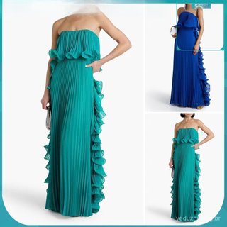 [YYR] Vestido longo feminino com ombros à mostra, modelo de verão, com babados e design plissado, ideal para casamentos,