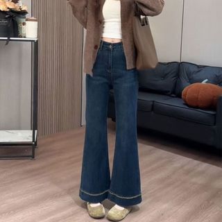 Retro azul falha Jeans feminino 2026 outono novo estilo Plus Size gordura mm cintura alta solta mais magro olhar queimad