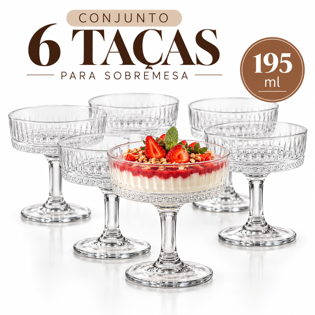 Conjunto 6 Taças De Vidro 195ml - Para Sobremesas Decoração Taça de Sobremesa