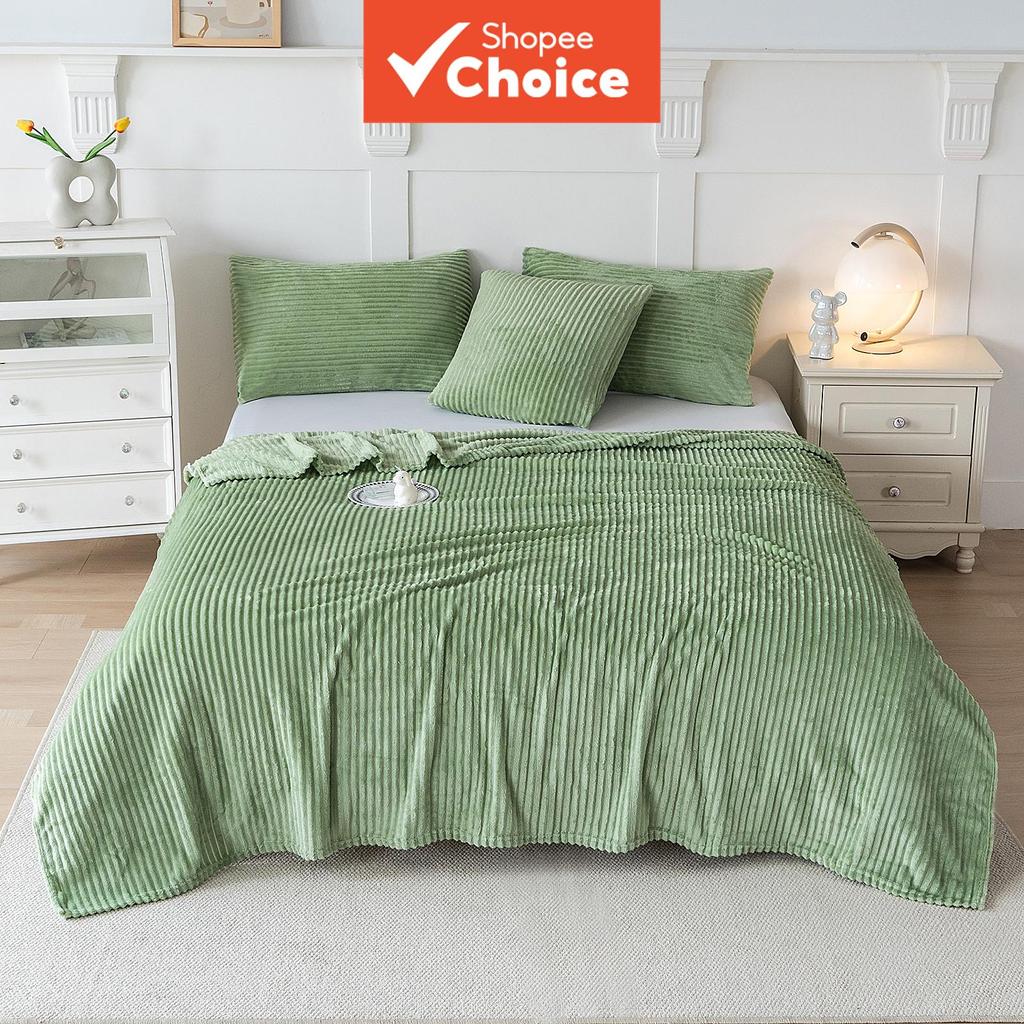 Manta de Flanela Listrada de Uma Cor Lisa, Manta de Pelúcia Coral Quente para Cama, Sofá e Poltrona, Manta Decorativa de