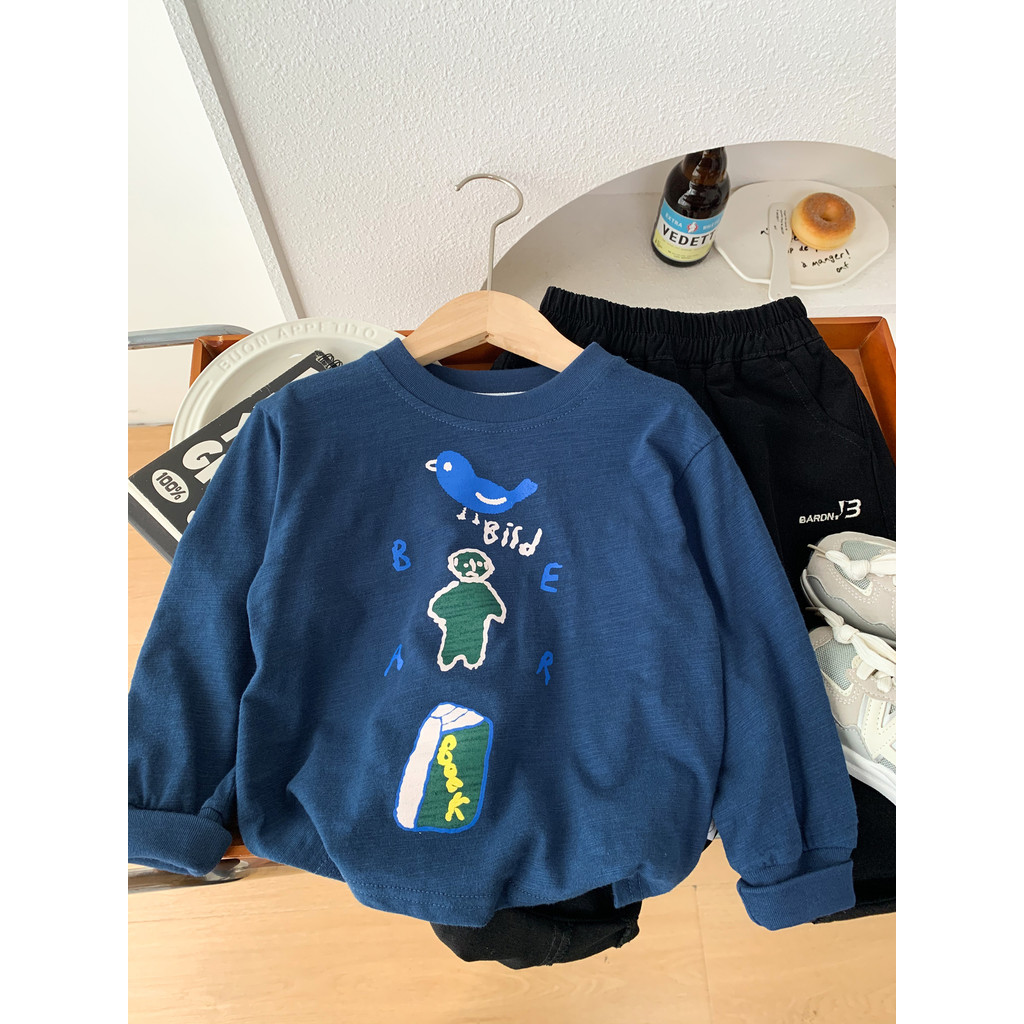Meninos puro algodão de manga comprida camiseta 2026 novo estilo crianças fino dos desenhos animados em torno do pescoço