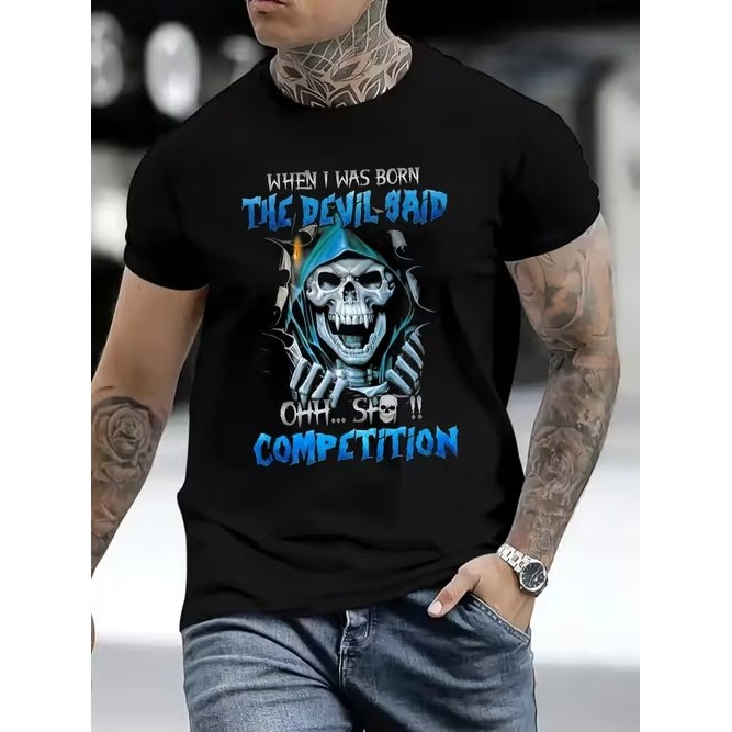 Camiseta Masculina Manga Curta Estampada Caveira Divertida Moderna Estilosa Confortável para Moda Casual Tendência Verão
