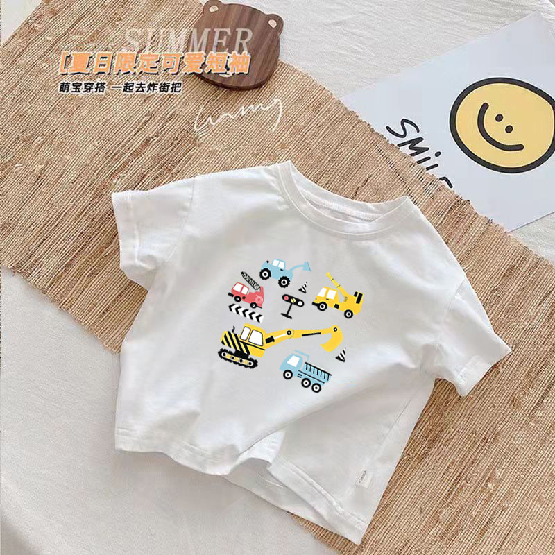 Algodão puro meninos branco em torno do pescoço de manga curta camiseta 2026 verão novo estilo crianças bebê dos desenho