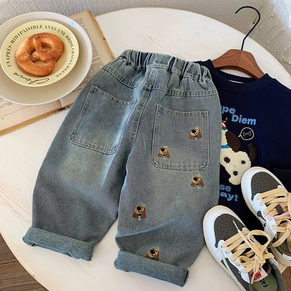 Crianças crianças Jeans meninos 2025 primavera outono estilo crianças calças casuais bebê dos desenhos animados bordado 