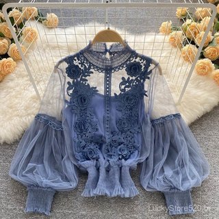 Blusa de malha com mangas bufantes estilo francês + conjunto de duas peças de outono com flores sem relevo U2KT