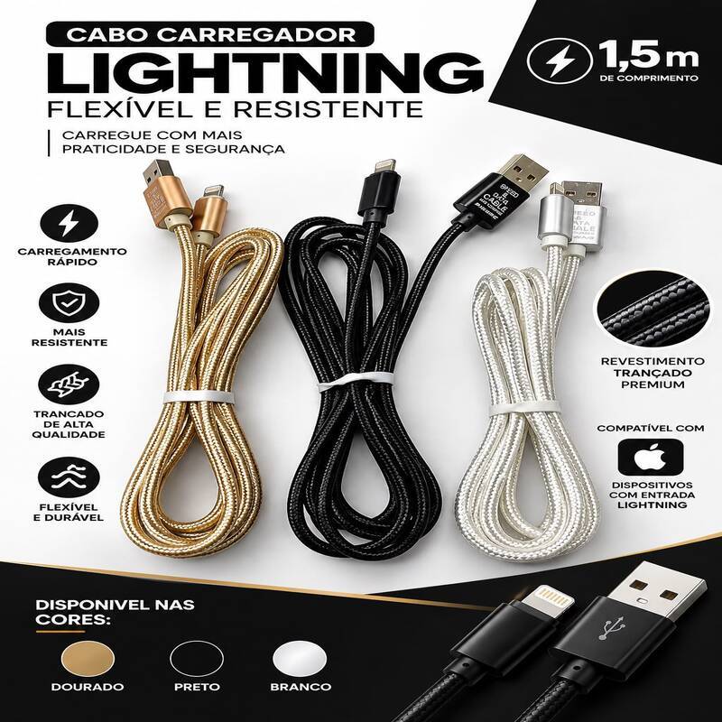 Cabo Carregador De 1,5 Metro USB - LightNing Flexível e Resistente Trançado