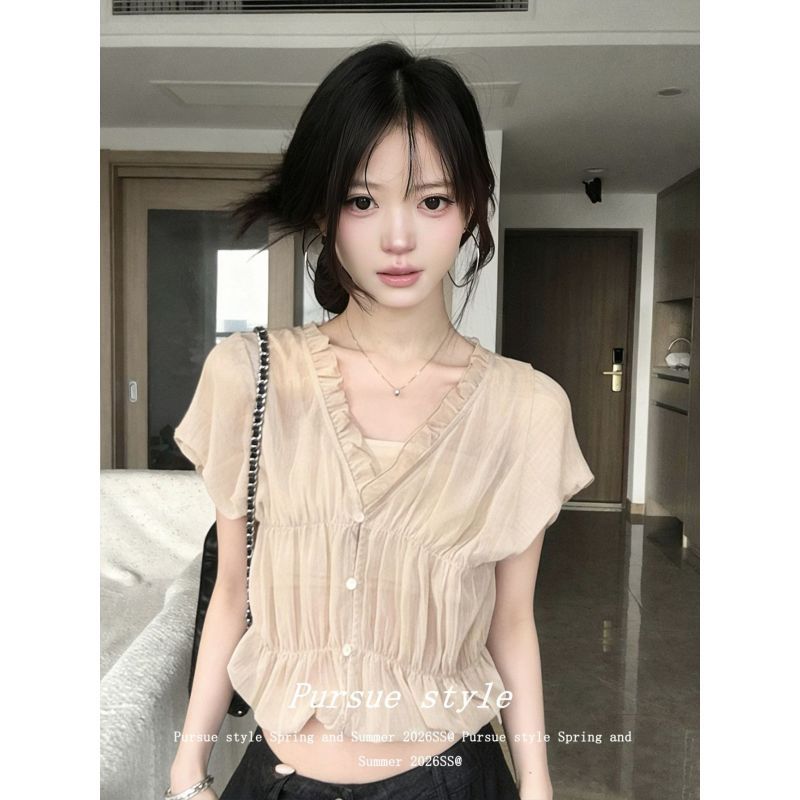 [Novidades] 2026 Camisa de Chiffon estilo francês novo estilo, camisa de manga curta ligeiramente transparente de verão