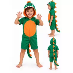 Fantasia Infantil Dinossauro de Luxo Kigurumi Curto Com Capuz Zíper e Rabo