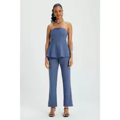 Calça Feminina Reta Tecido Plano Crepe Marialícia Azul