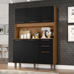 Armário para Cozinha 6 Portas 2 Gavetas 120cm Preto/Cinamomo/Catedral Cinamomo/Preto