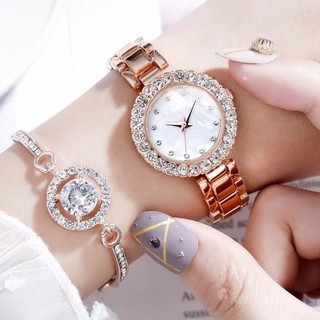Conjunto de duas peças: pulseira e relógio feminino, moderno, elegante e versátil, com pulseira cravejada de diamantes.