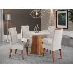 Mesa de Jantar Redonda Riu com 4 Cadeiras Madeira Maciça Vegas Yescasa Bege/Mel/Marfim/Off White Marfim/Mel