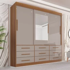 Guarda-Roupa Casal 3 Portas 9 Gavetas com Espelho Luana Cinamomo/Off-White Cinamomo/Off White