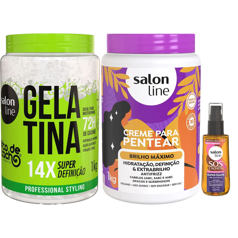 Kit Salon Line Gelatina 1kg + Creme De Pentear Brilho Máximo 1kg + Óleo Capilar Super Óleos 42ml