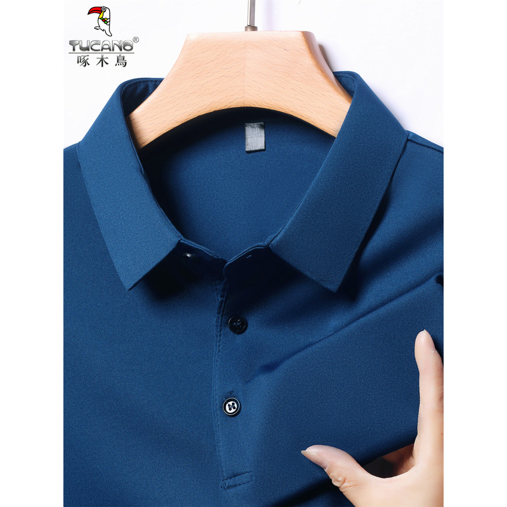 Woodpecker primavera verão estilo fino gelo seda legal manga comprida lapela camiseta masculina de meia-idade idosos sol