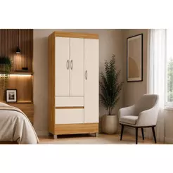 Guarda Roupa Solteiro 3 Portas e 2 Gavetas Wind Amêndola/Off White - Demóbile