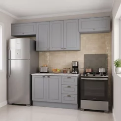 Cozinha Compacta Modulada 4 Peças 100% MDF 3 Armários Aéreos e Balcão com Tampo Cinza/Calcare Emily Cinza/Calcare