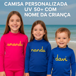 Camisa Infantil UV 50+ Personalizada com Nome da Criança – Proteção Solar e Estilo na Praia ou Pisci