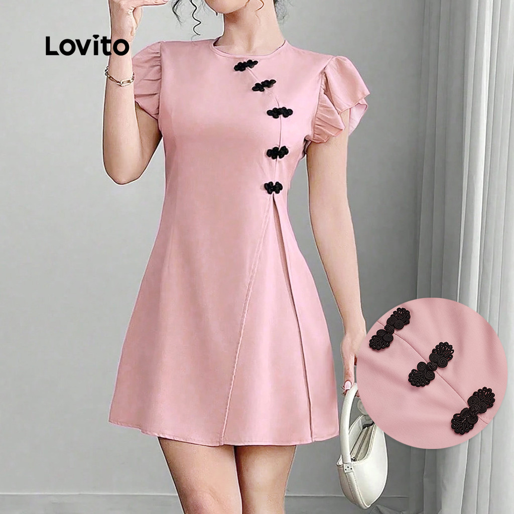 (NEW) Lovito Vestido Casual de Botão Na Frente Rosa para mulheres L155AD330 em Oferta na Shopee