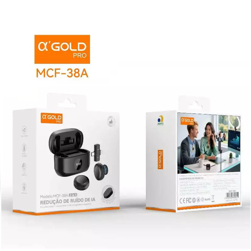Microfone de Lapela Sem fio Magnético Redução de Ruído Entra Type-C e Lightning AGOLD MCF-38A