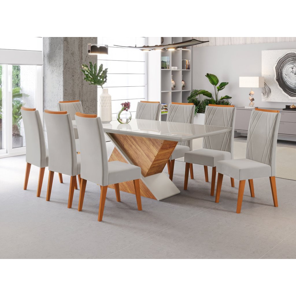 Mesa de Jantar Retangular Pipa com 8 Cadeiras Madeira Maciça Vegas  Mel/Marfim/Off White em Oferta na Shopee