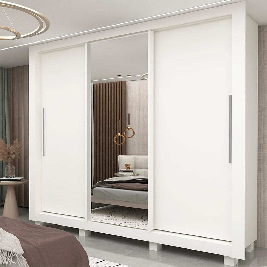 Guarda-roupa Casal 3 Portas 1 Porta Espelhada com Pés Milão Yescasa 100% MDF Branco em Oferta na Shopee