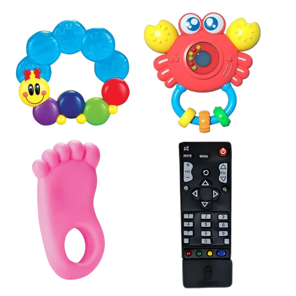 Kit Chocalho Interativo Siri Com Luz E Som + Mordedores De Lagarta, Pé E Controle Remoto Para Bebê Sensorial Interativo